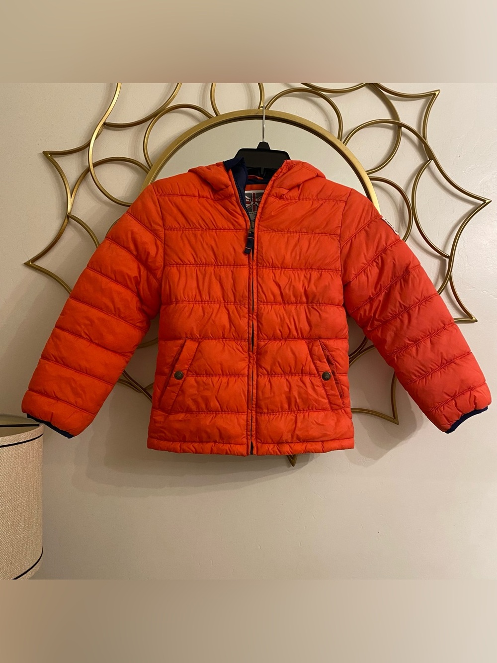 Mini Boden Orange Blue Hooded Puffer Jacket Youth 7-8y Channel Quilted Outdoor